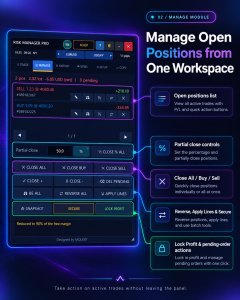 Annotated illustration of open position management, partial close, secure, reverse and lock profit controls