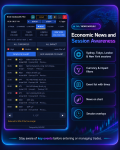 Conceptual MT5 news panel visual guide with trading sessions, event calendar and currency filters